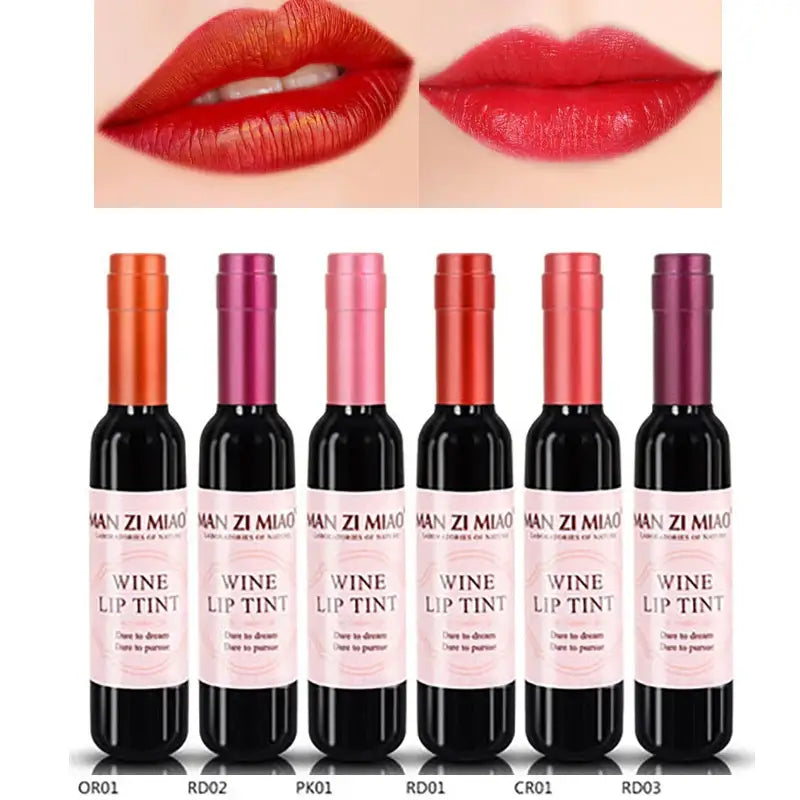 Wine bottle-shaped lip tint products in various shades.