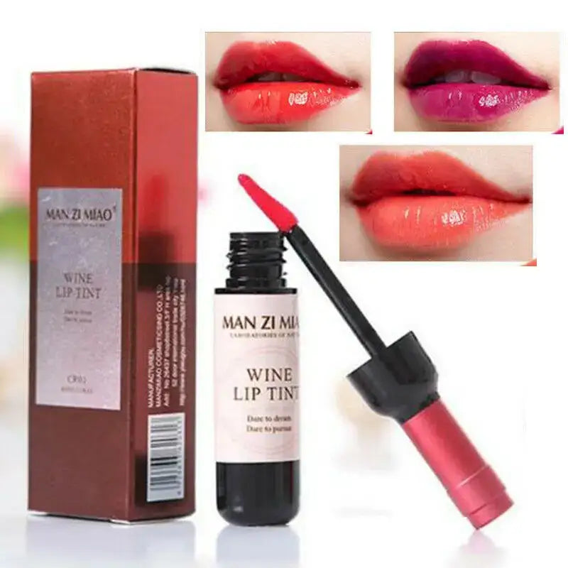 Wine-inspired lip tint product with packaging and application examples.