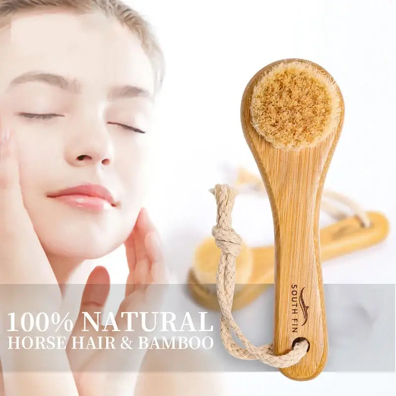 Wooden facial brush with natural bristles and a rope handle.