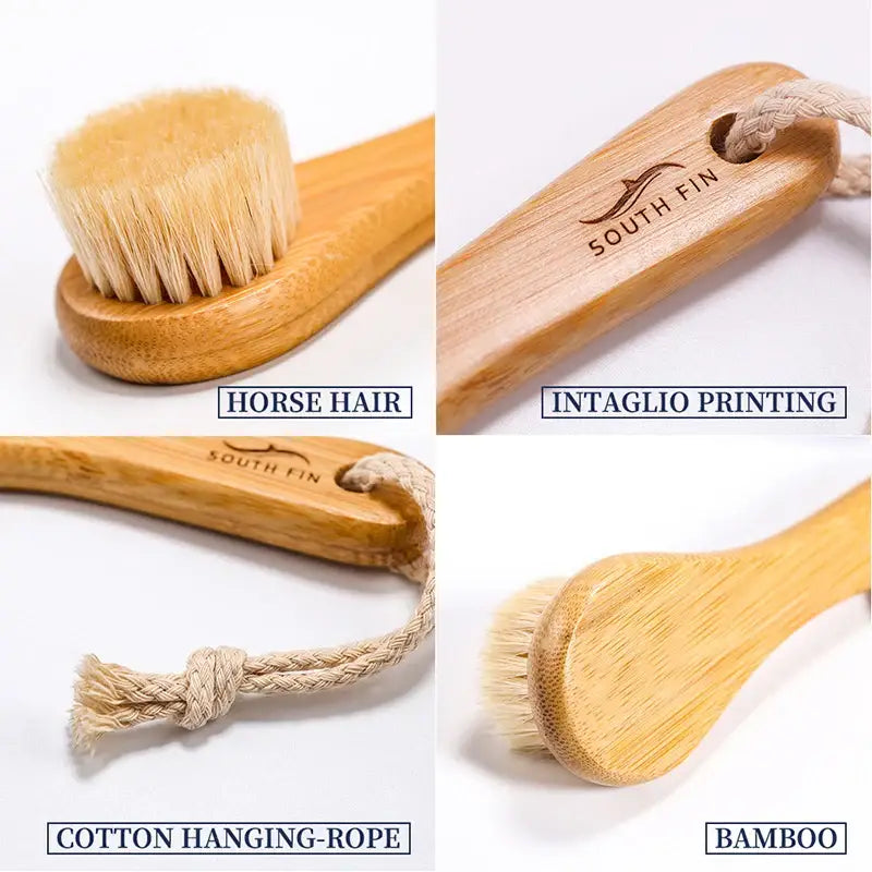 Wooden body brush with natural bristles and a cotton hanging rope.