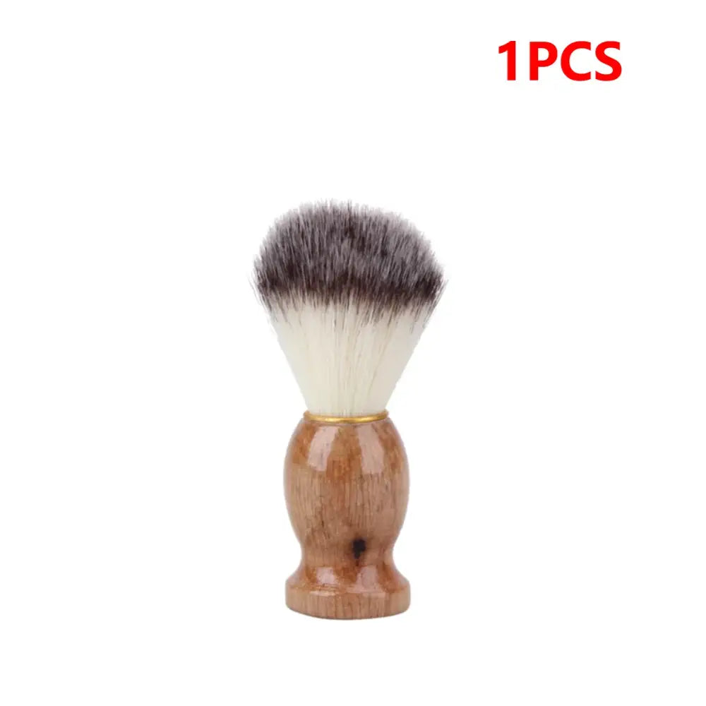 Shaving brush with a wooden handle and soft bristles.