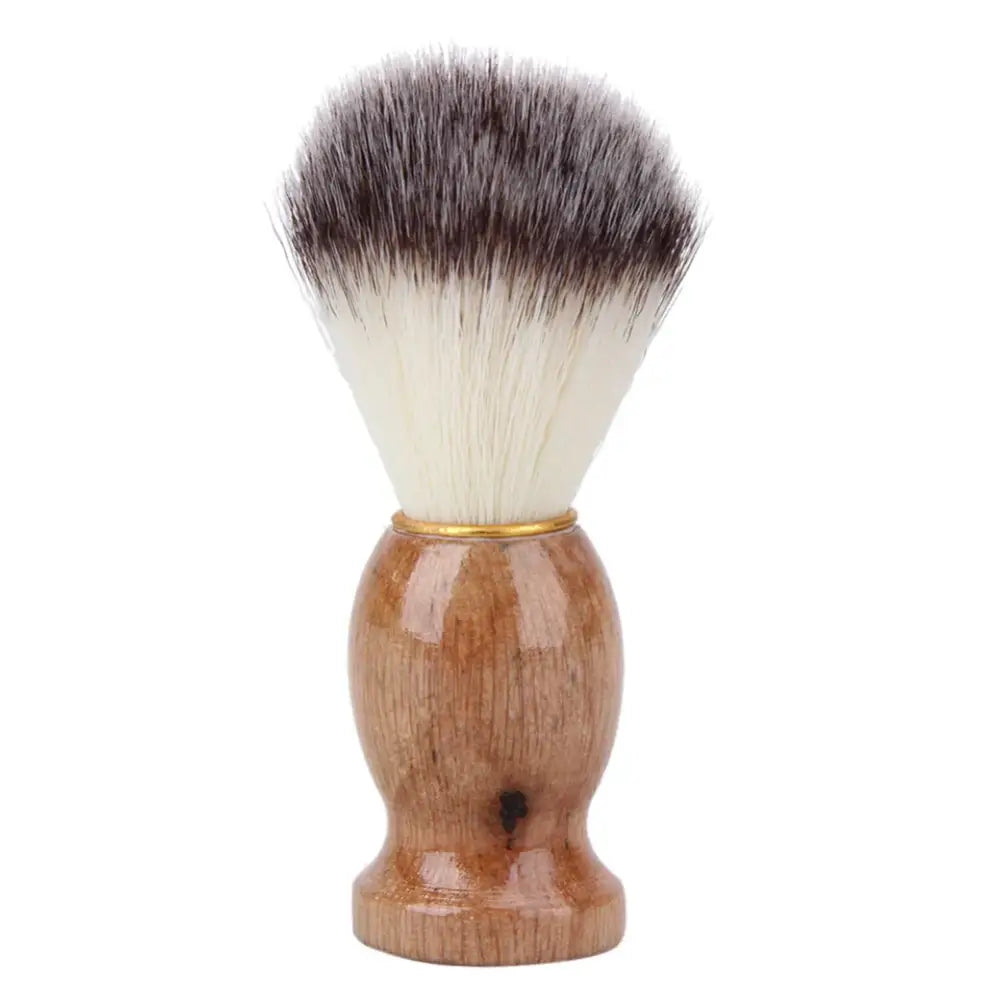 Shaving brush with a wooden handle and soft bristles.