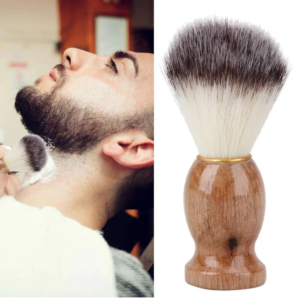 Shaving brush with a wooden handle and soft bristles.