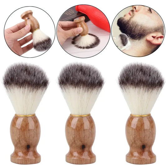 Shaving brush with wooden handle and soft bristles.