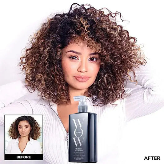 Hair care product bottle labeled ’WOW’ with before and after images showcasing curly hair transformation.