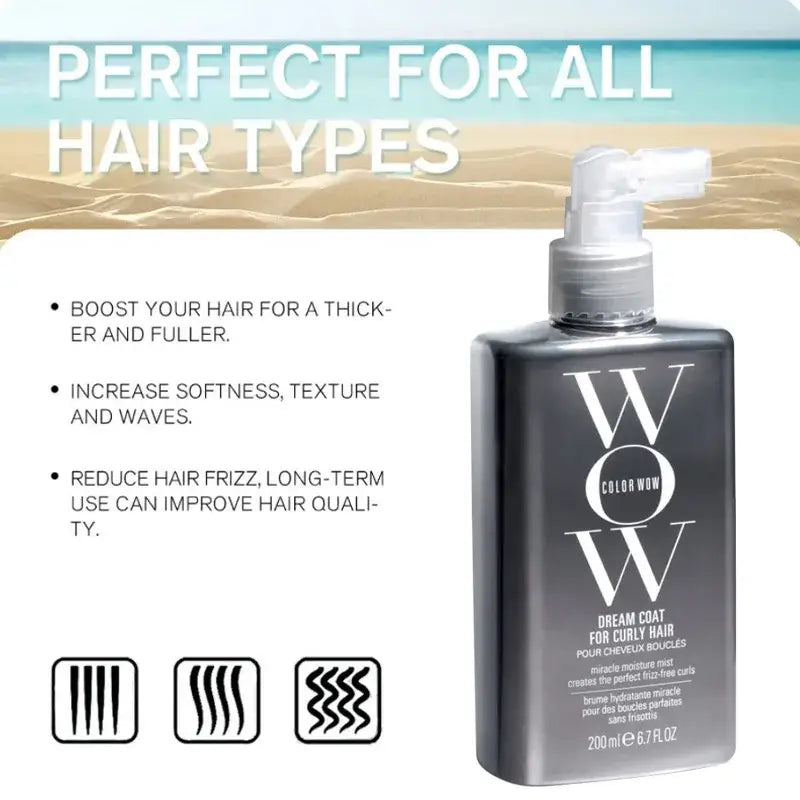 Hair product bottle labeled ’Color Wow’ with claims about improving hair thickness, texture, and quality.