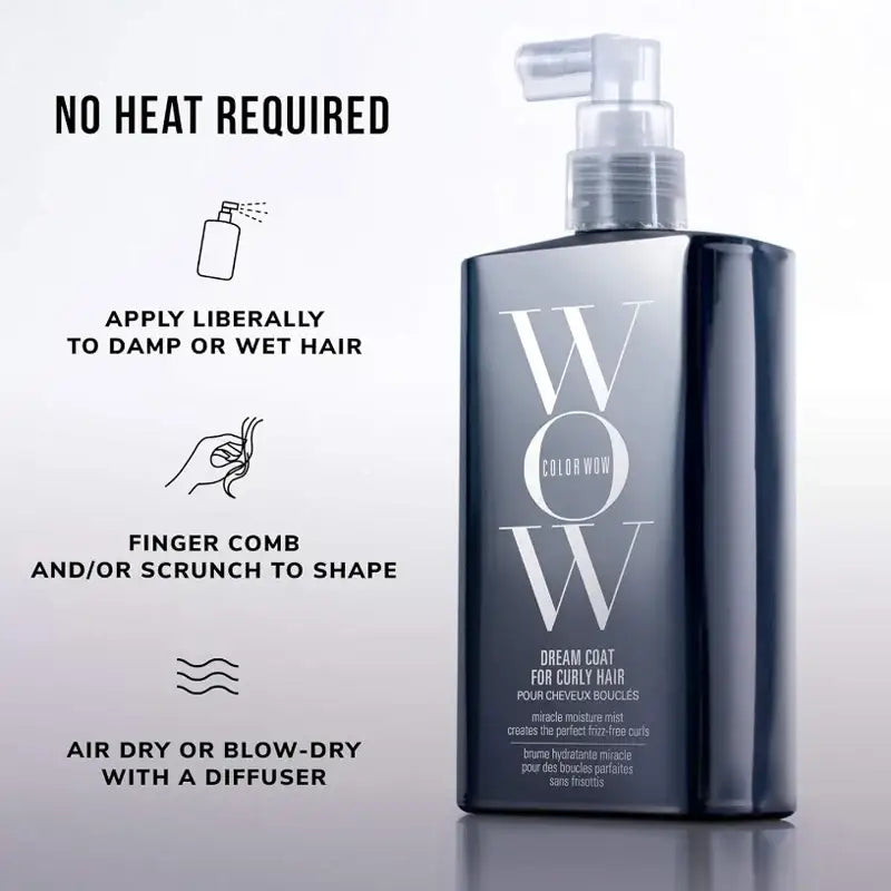 Sleek black bottle of hair styling product labeled ’WOW’ with a pump dispenser.