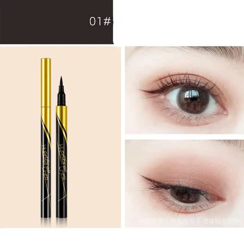 Liquid eyeliner pen with a gold cap and black body.