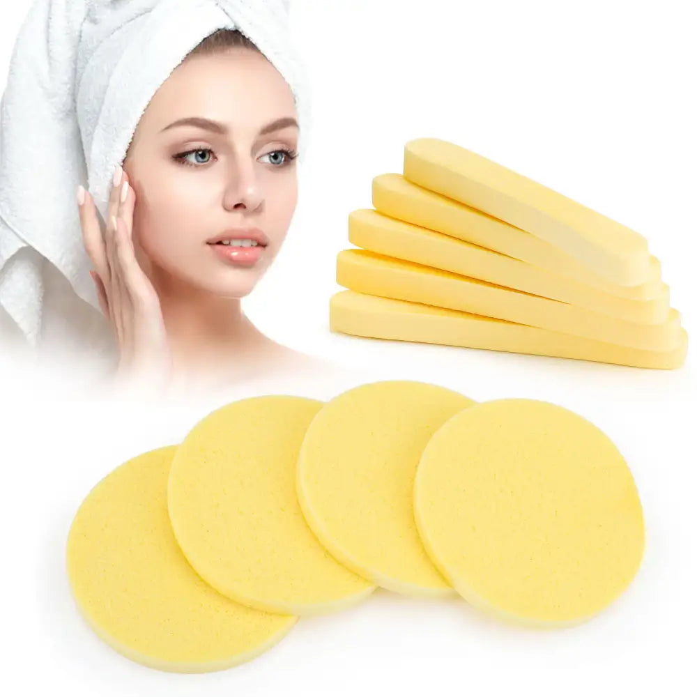 Yellow, circular sponges or pads for facial cleansing or skincare.