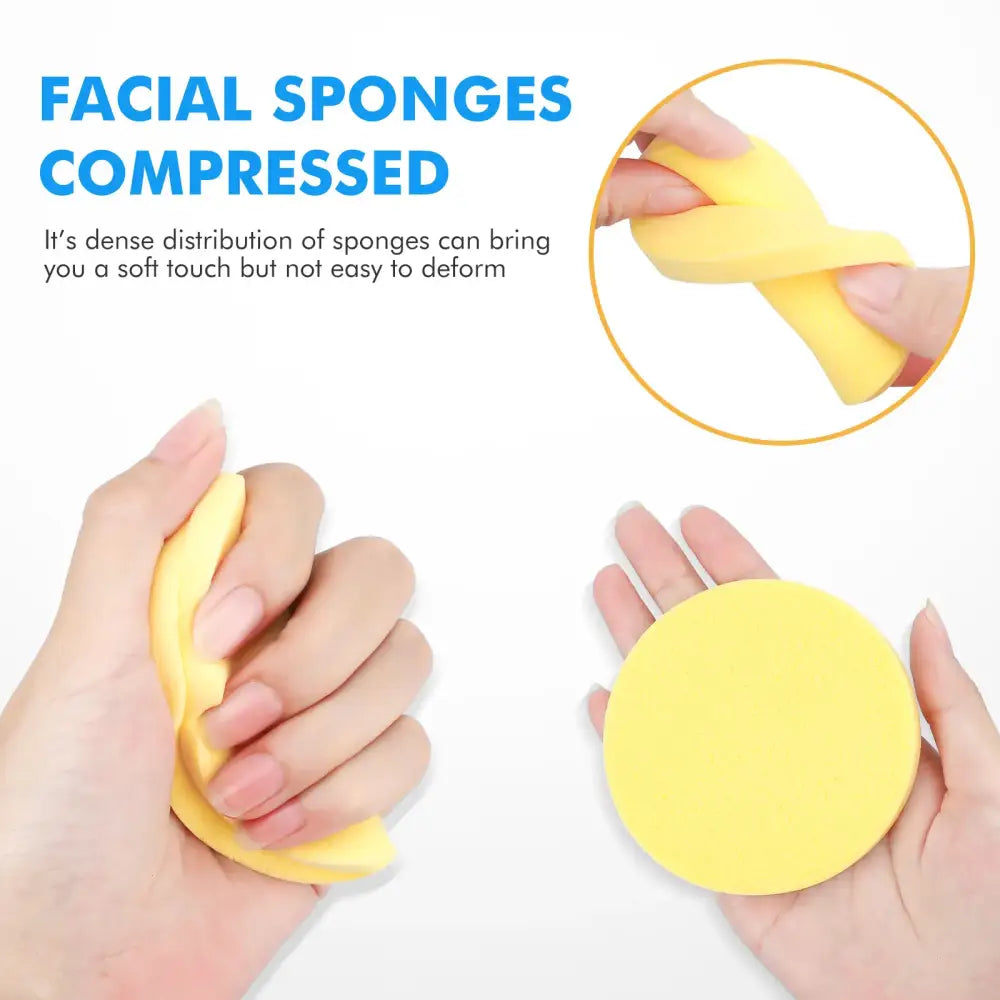 Compressed yellow facial sponge shown in different states of expansion.